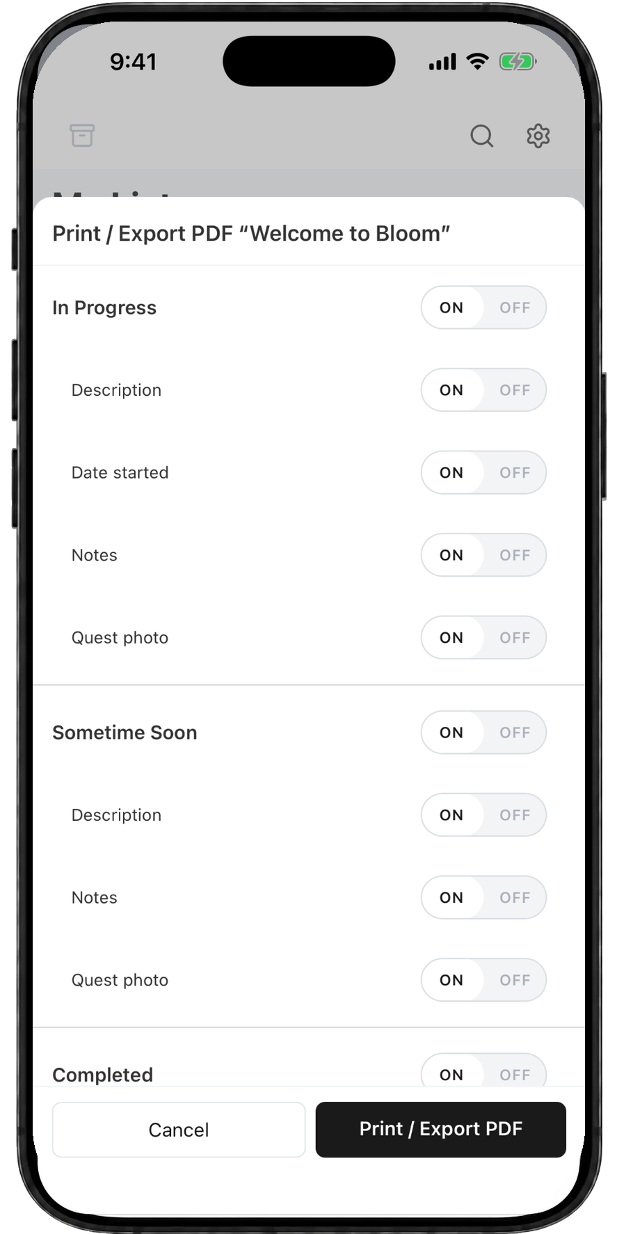 Print and PDF export options