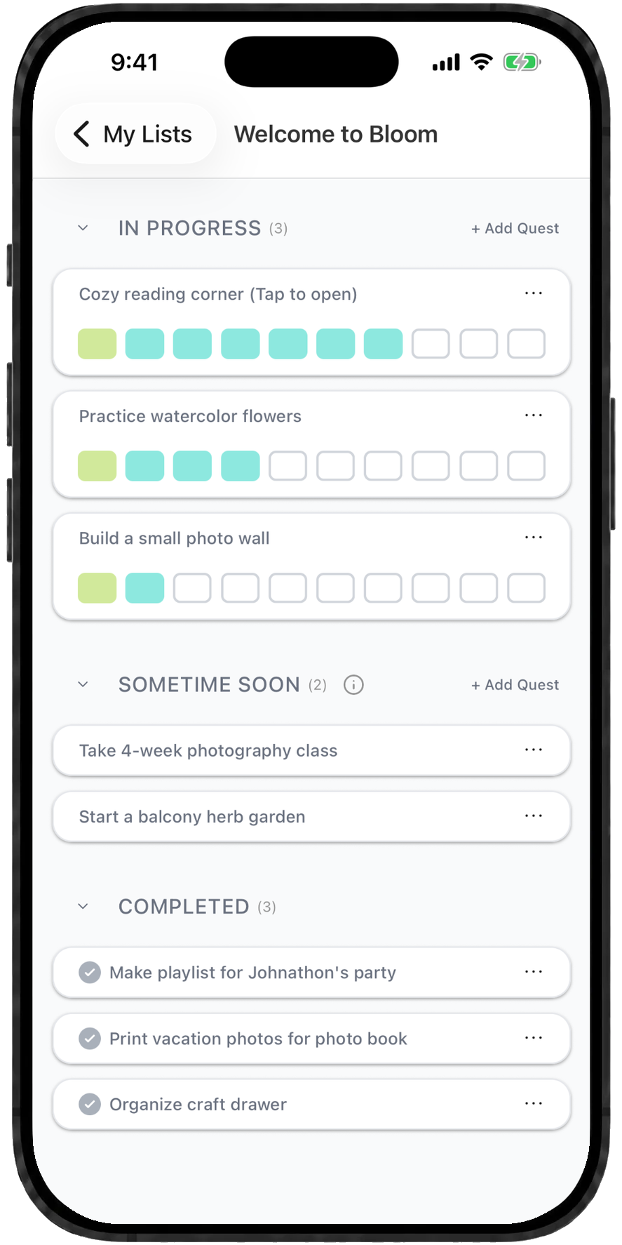 Bloom Tracker Creative Projects Quest list
